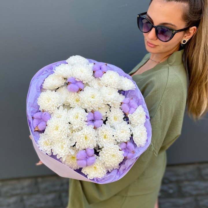  Букет  хризантем и хлопка в Мурманске