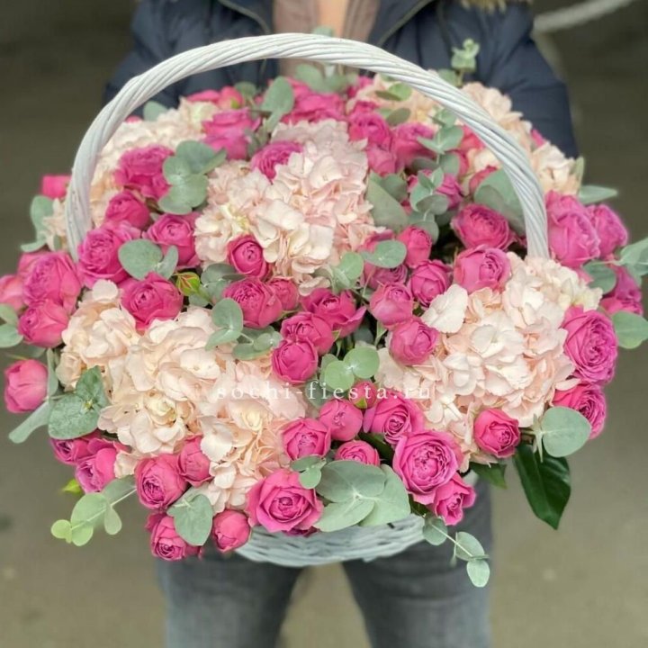 Корзина с гортензией и Мисти Баблс в Мурманске