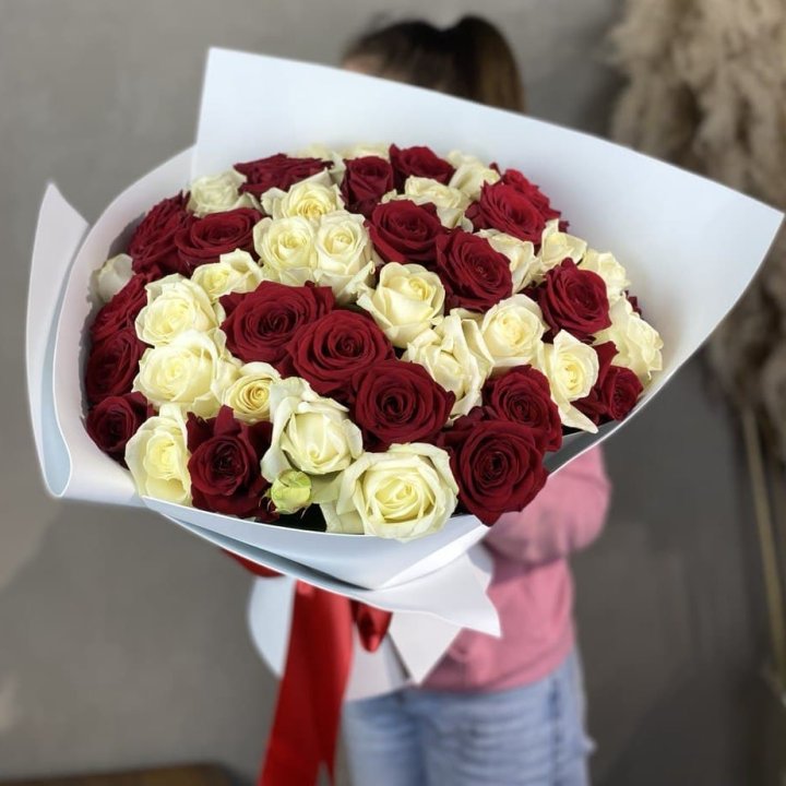 51 красная и белая роза в Мурманске